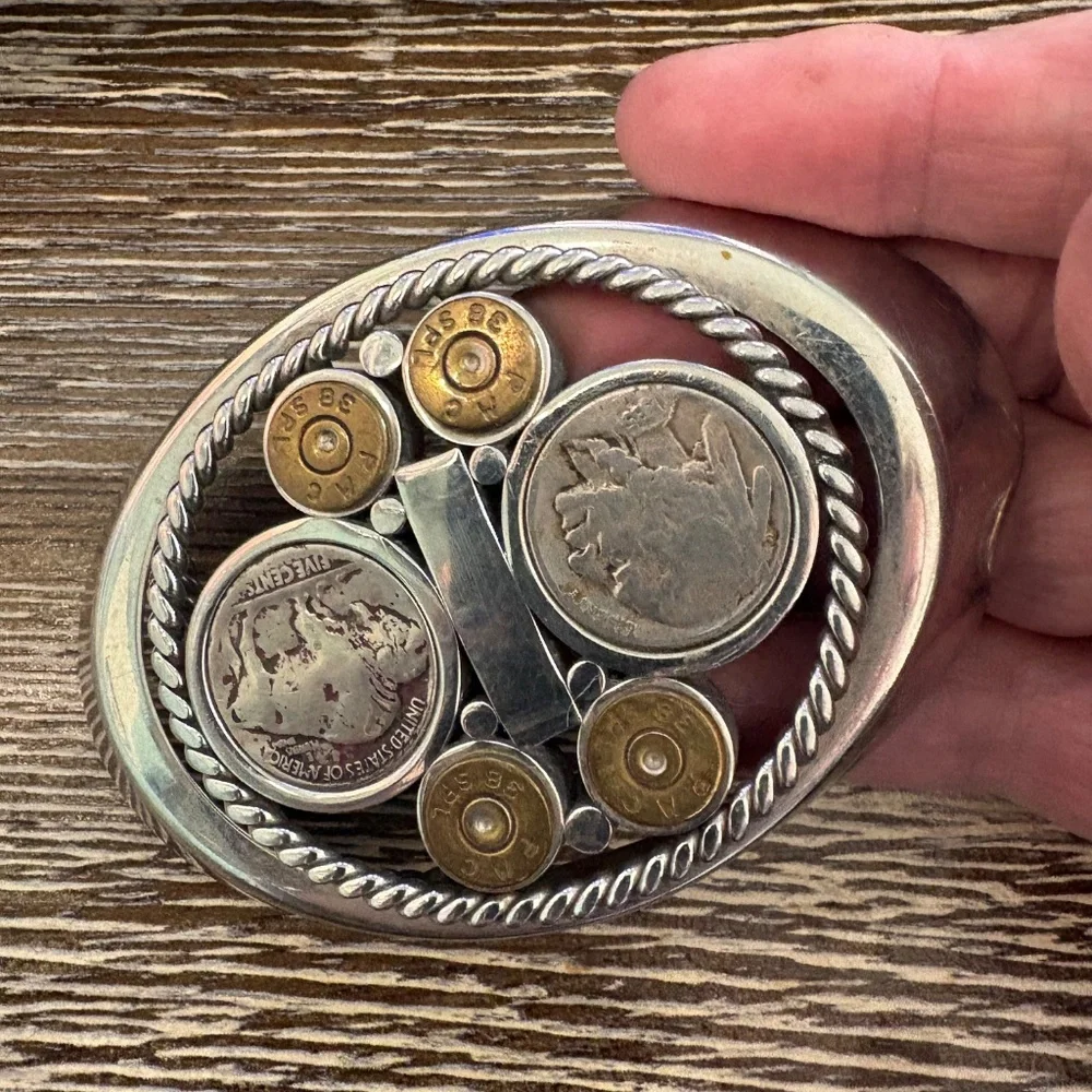 Vintage custom belt buckle featuring Buffalo nickels and brass bullet casings